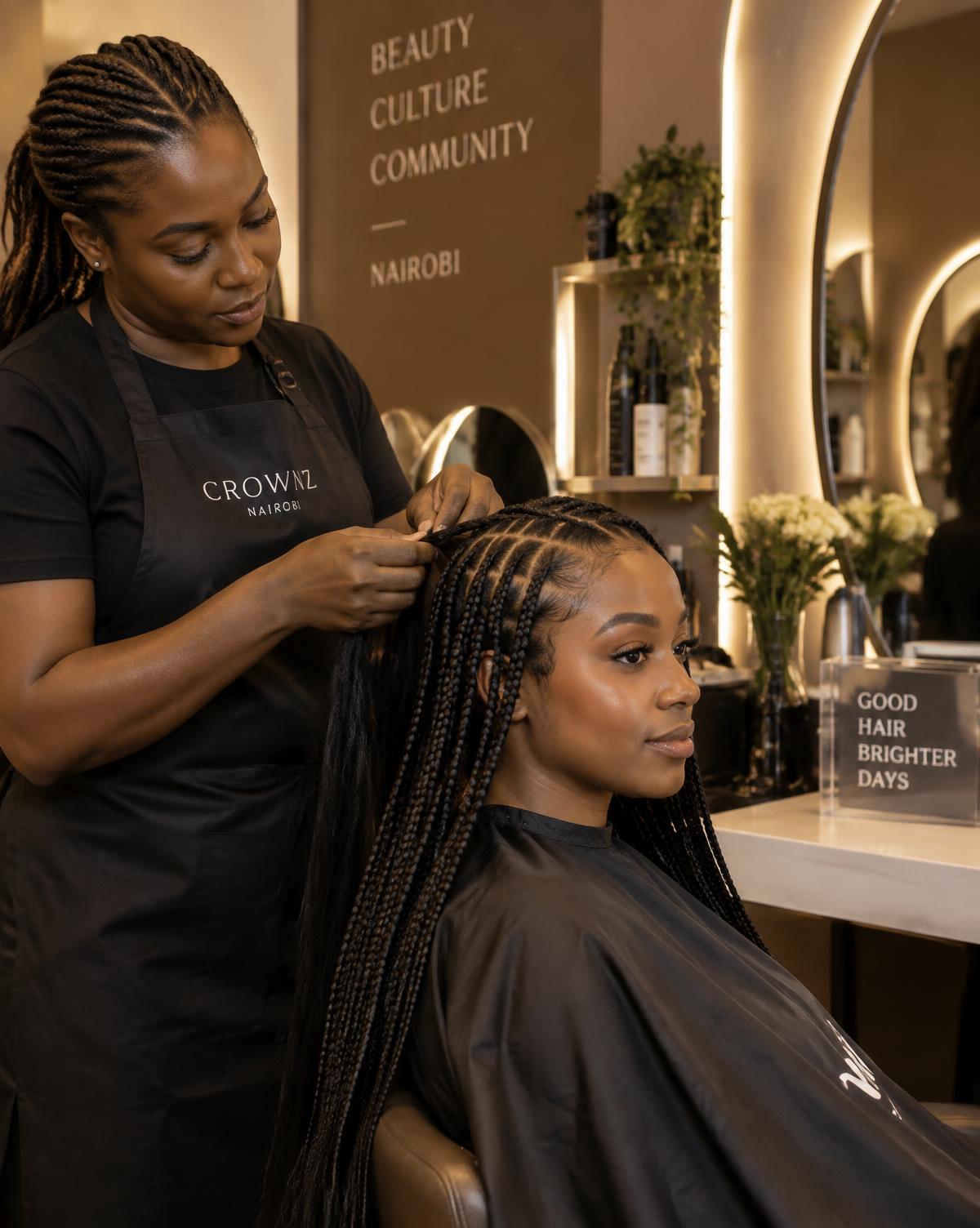 Stylist braiding a client's hair at the LABRUSH salon