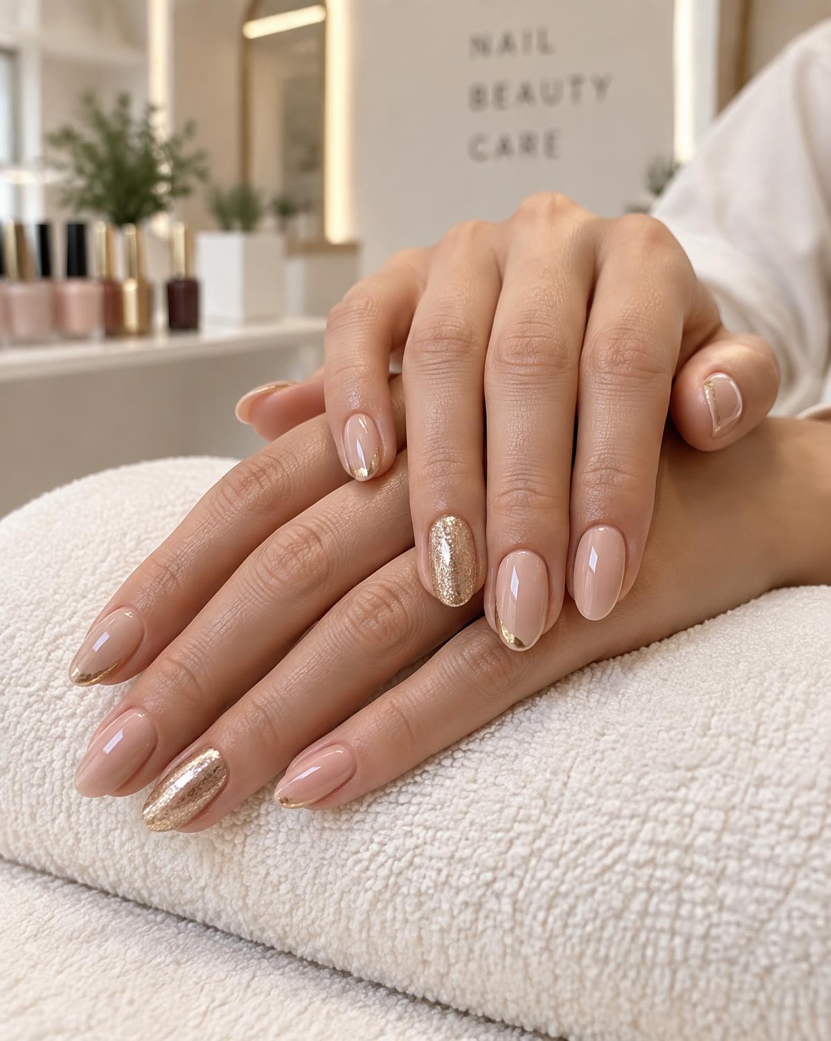 Nude and gold gel manicure finished at LABRUSH
