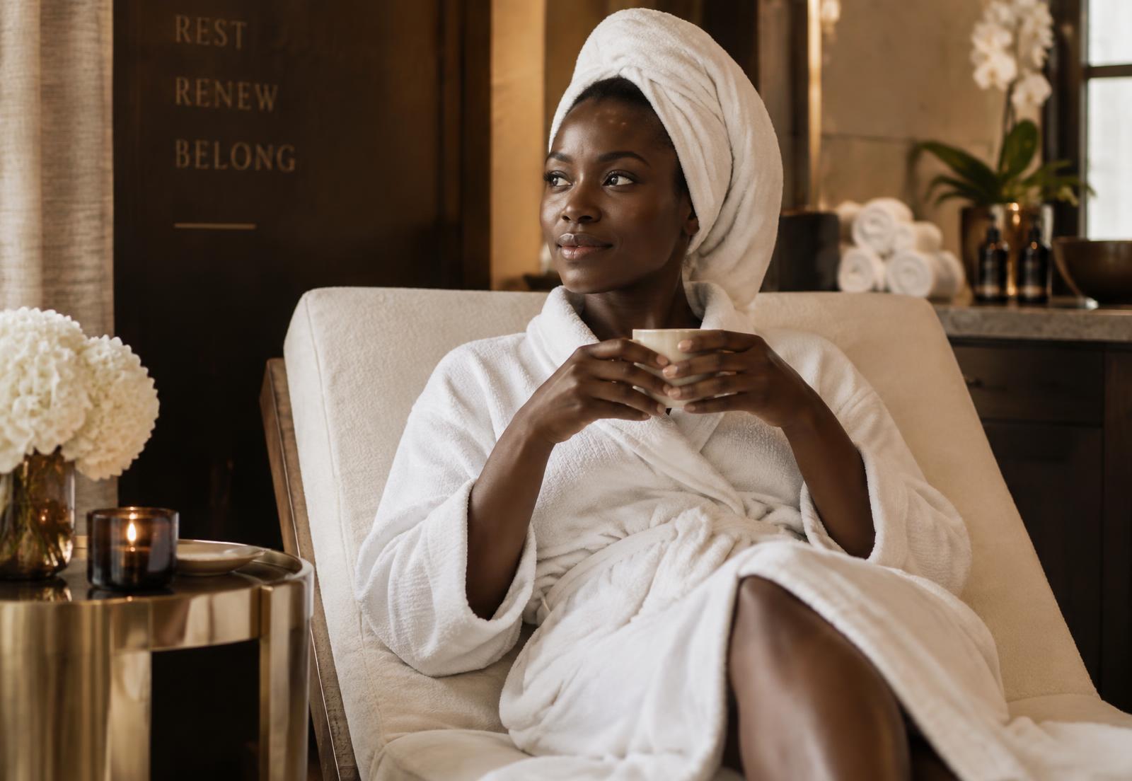 Client relaxing in a robe in the LABRUSH spa lounge in Kileleshwa, Nairobi